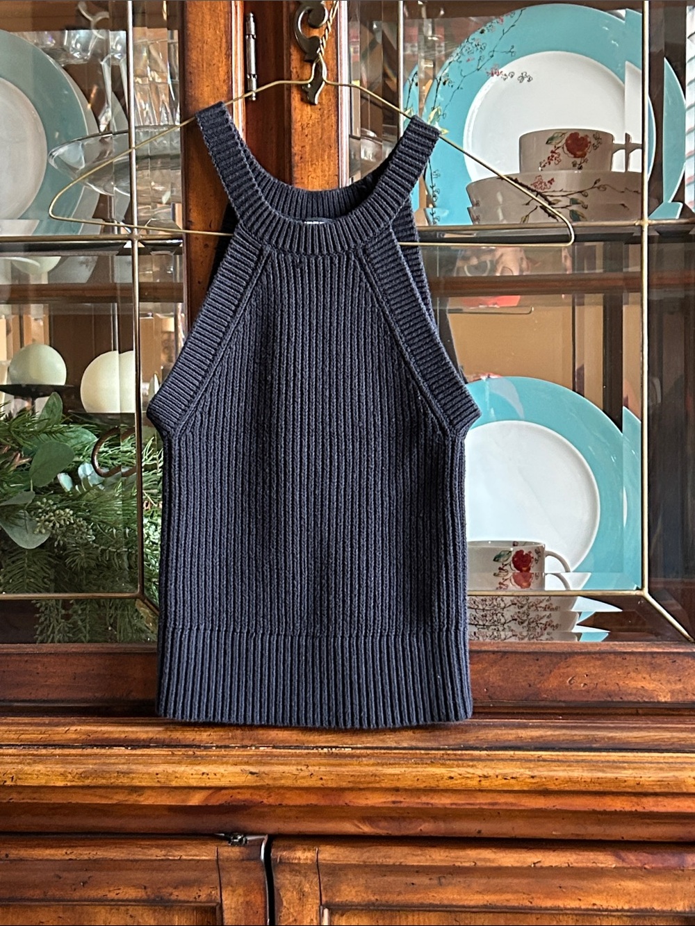 Express Black Ribbed Knit Halter-Style Tank Top